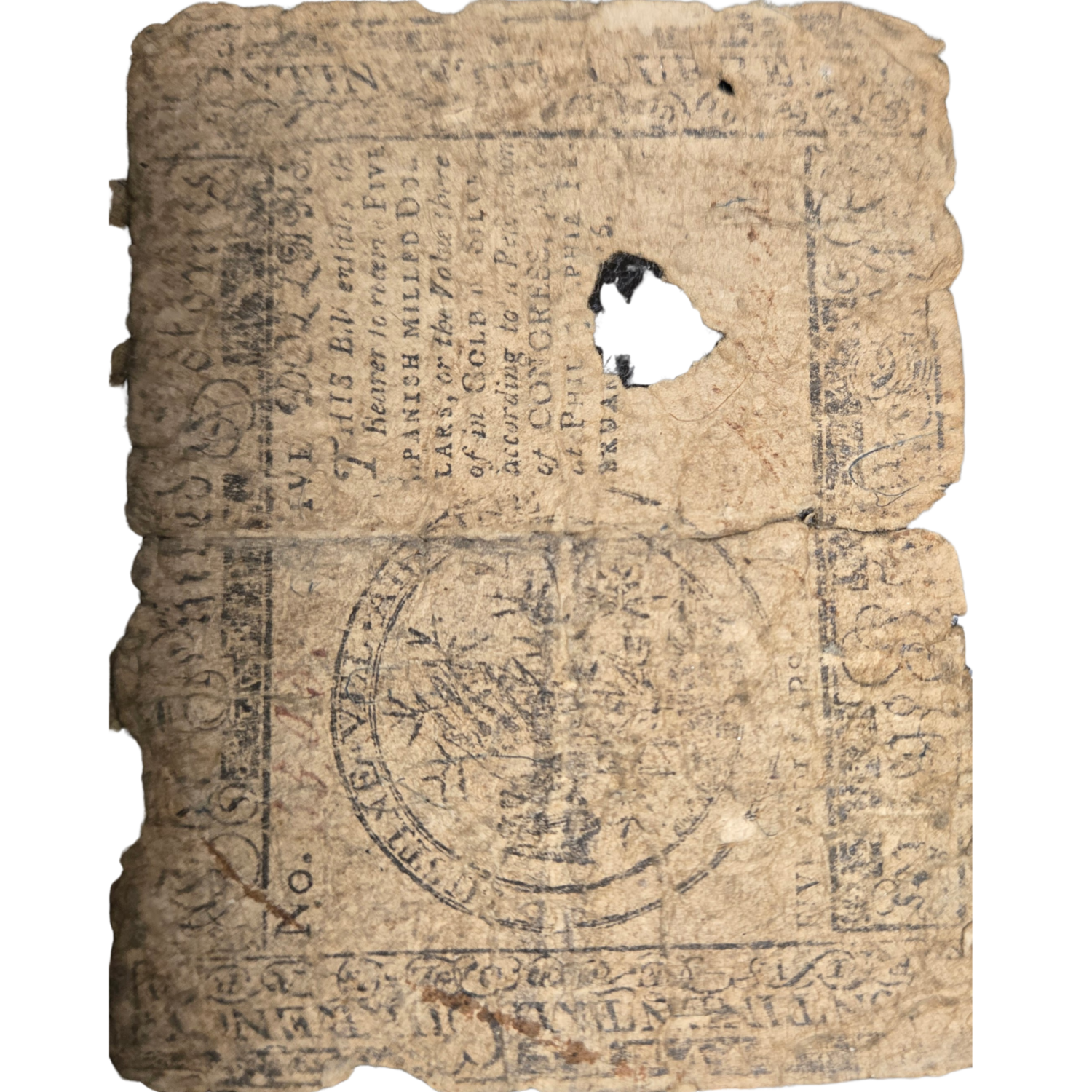 A 1776 Continental Currency five-dollar bill, back view, showing the redemption clause and cancellation hole