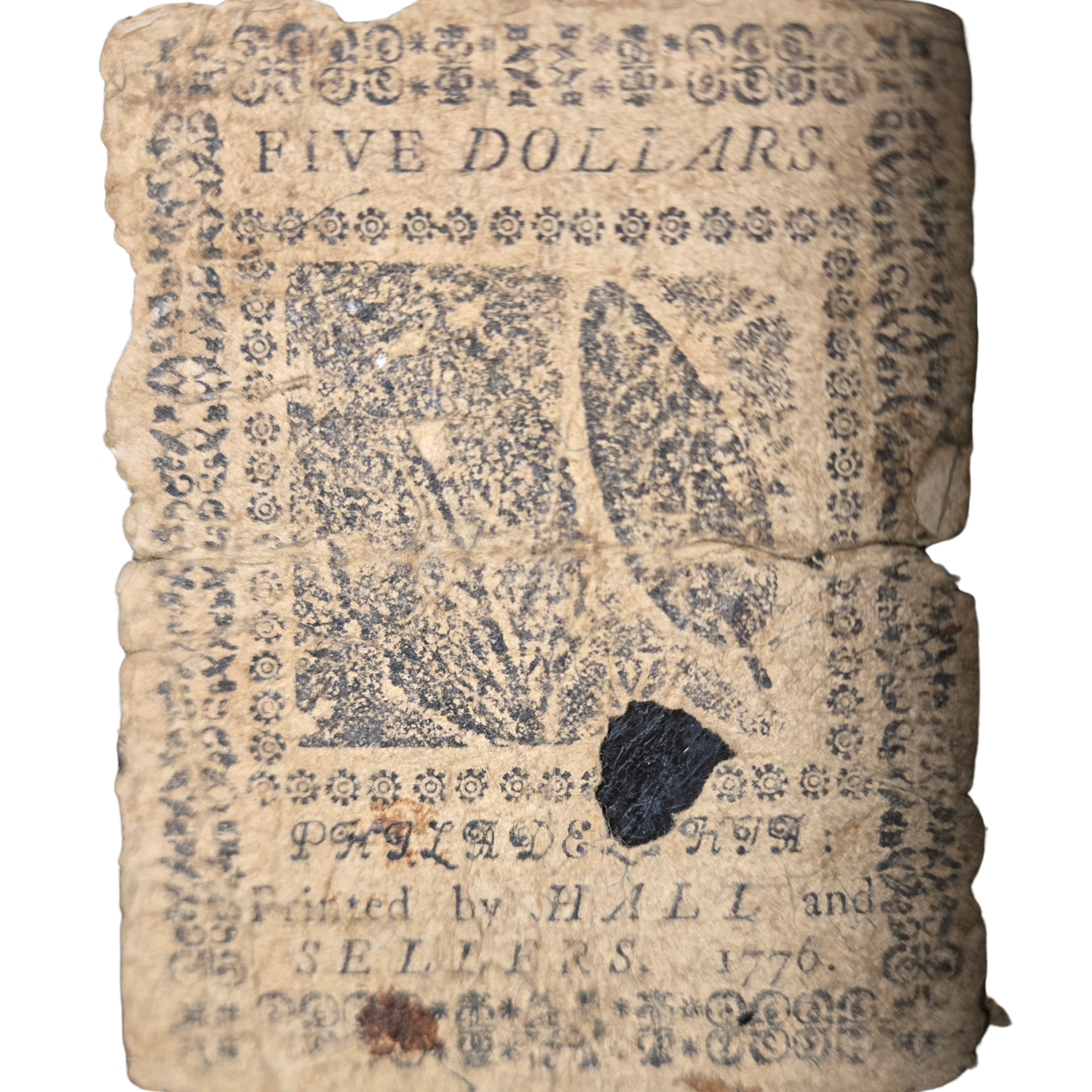 A 1776 Continental Currency five-dollar bill, front view, printed by Hall and Sellers, Philadelphia